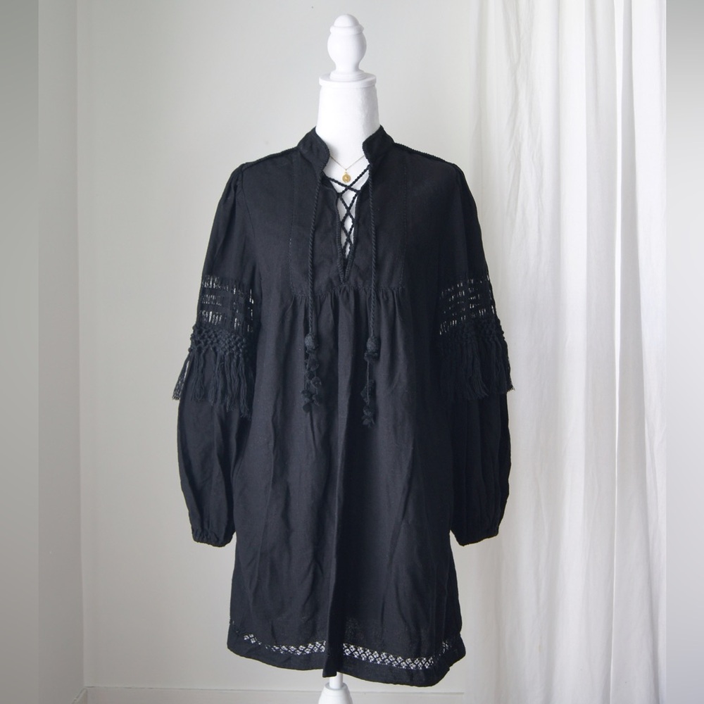 Ulla Johnson 100% Silk Black Mini Dress Women's Size 6 Balloon Fringe Sleeves